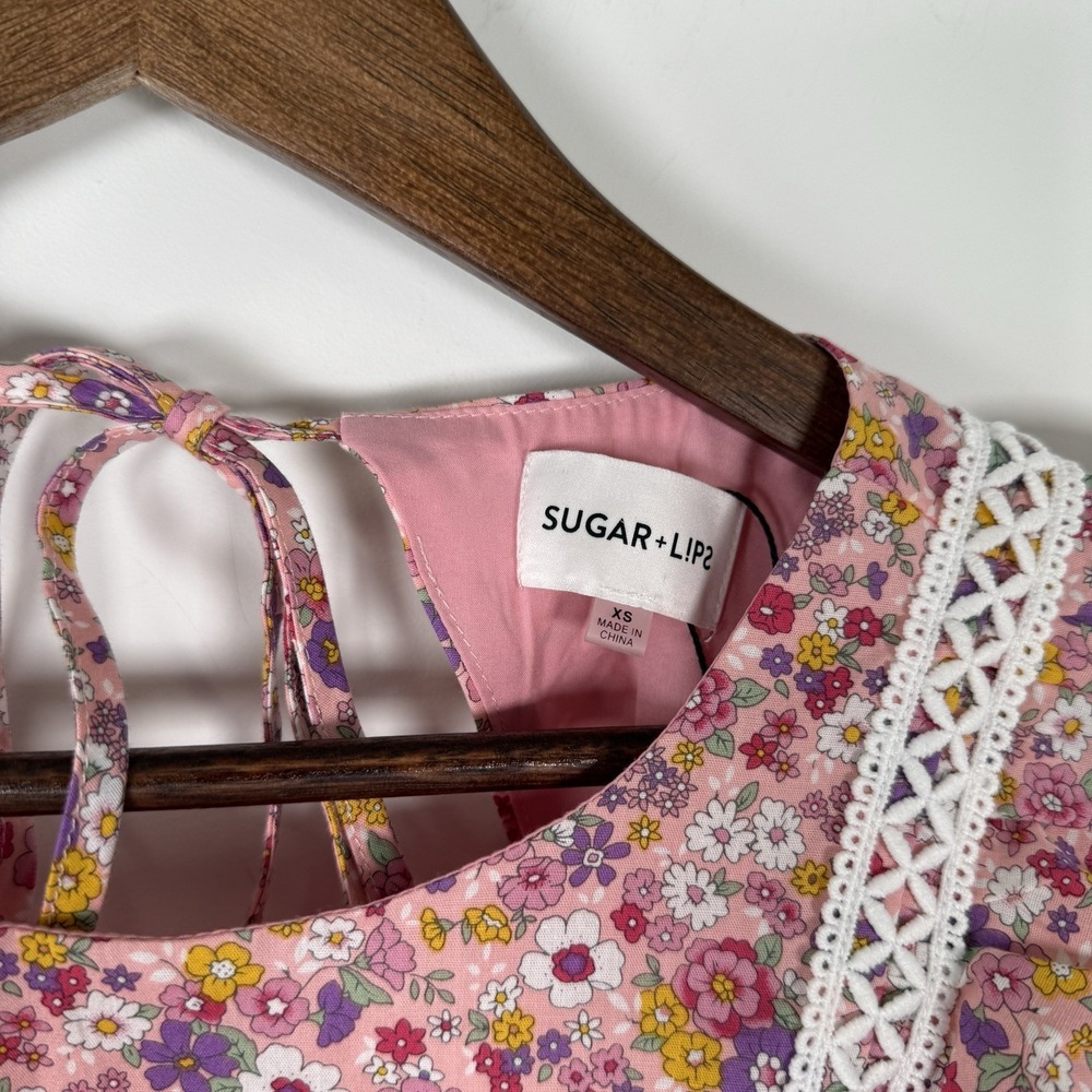 Sugar + Lips Dress Floral Pink XS Ruffle Spring Summer Short - Picture 3 of 6